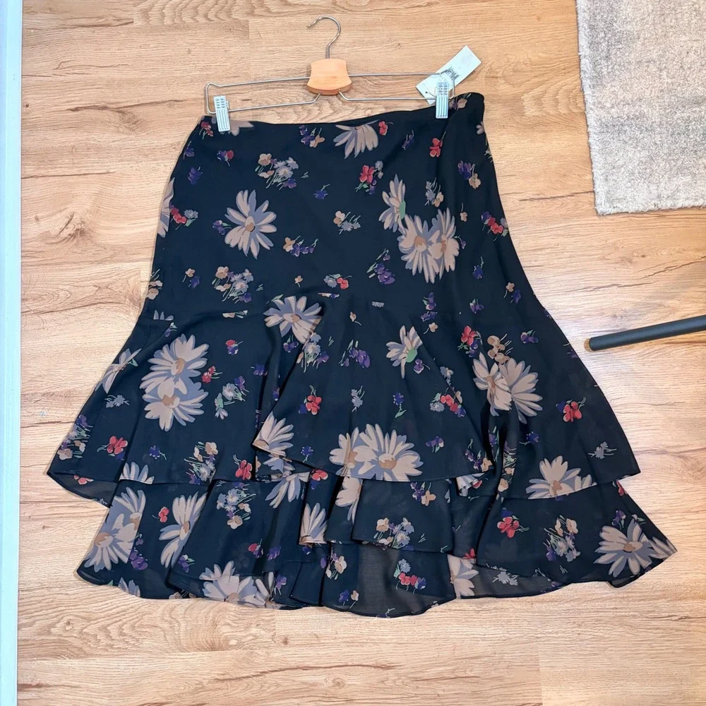 American Living Skirt Women L Black Floral Tiered Ruffle Chiffon Midi Skirt